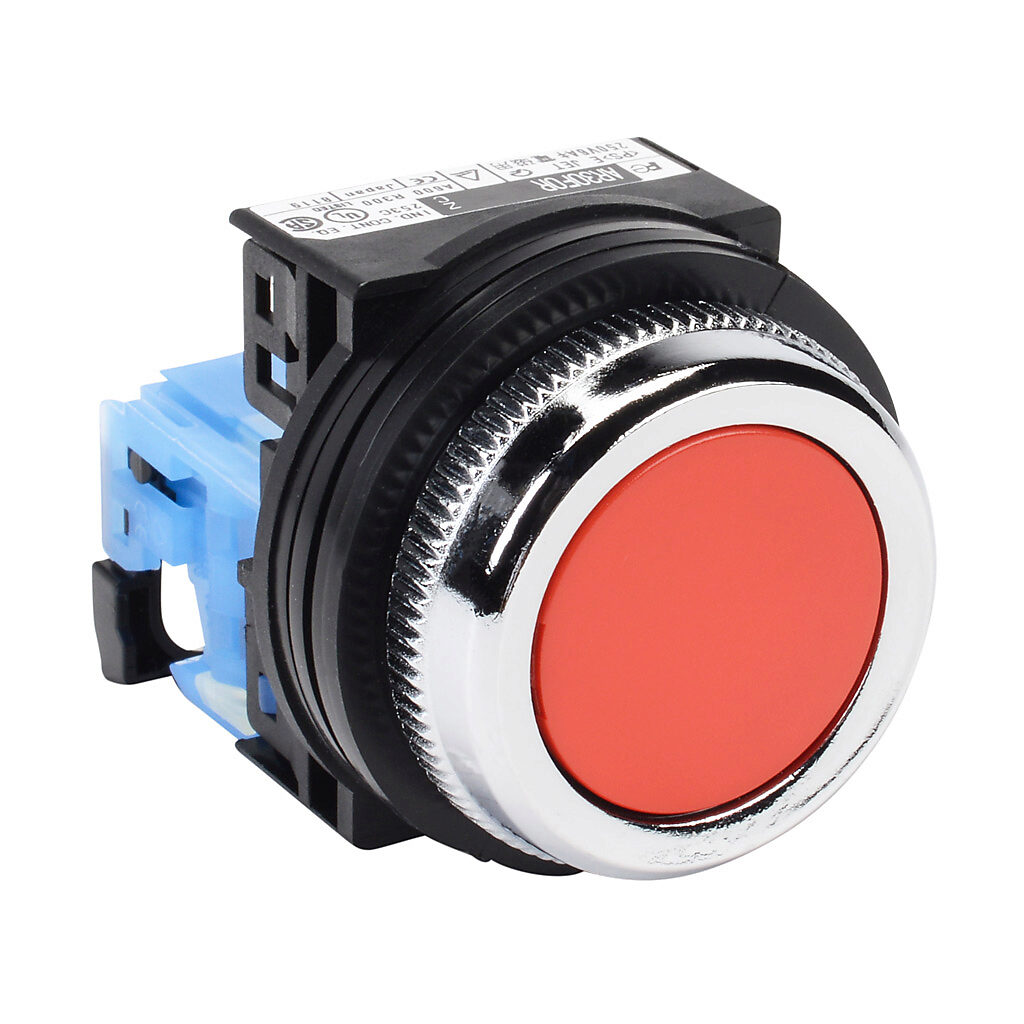 AR30F0R-10RZC - Fuji Electric pushbutton, 30mm, momentary, (1) N.O. contact(s), plastic base, metal bezel, Operator: red, flush, 35mm, round, plastic.