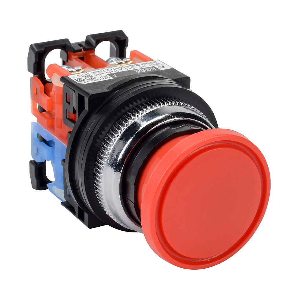 AR30Q2R-11RZC - Fuji Electric emergency stop pushbutton, 30mm, push to lock, pull to reset, (1) N.O./(1) N.C. contact(s), plastic base, metal bezel, Operator: red, mushroom, 35mm, round, plastic.