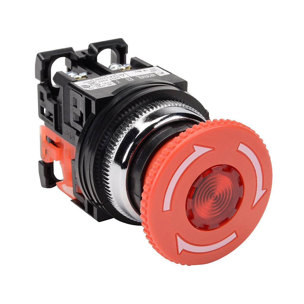 AR30V0L-01E3RZC - Fuji Electric emergency stop pushbutton, 30mm, twist-to-release, LED illuminated, (1) N.C. contact(s), plastic base, metal bezel, Operator: red, mushroom, 40mm, round, plastic, 24 VAC/VDC, full voltage.