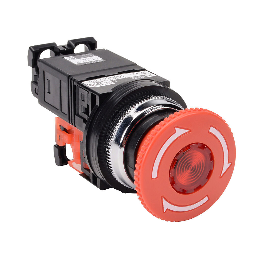 AR30V0L-01L3RZC - Fuji Electric emergency stop pushbutton, 30mm, twist-to-release, LED illuminated, (1) N.C. contact(s), plastic base, metal bezel, Operator: red, mushroom, 40mm, round, plastic, 115-127 VAC, transformer.