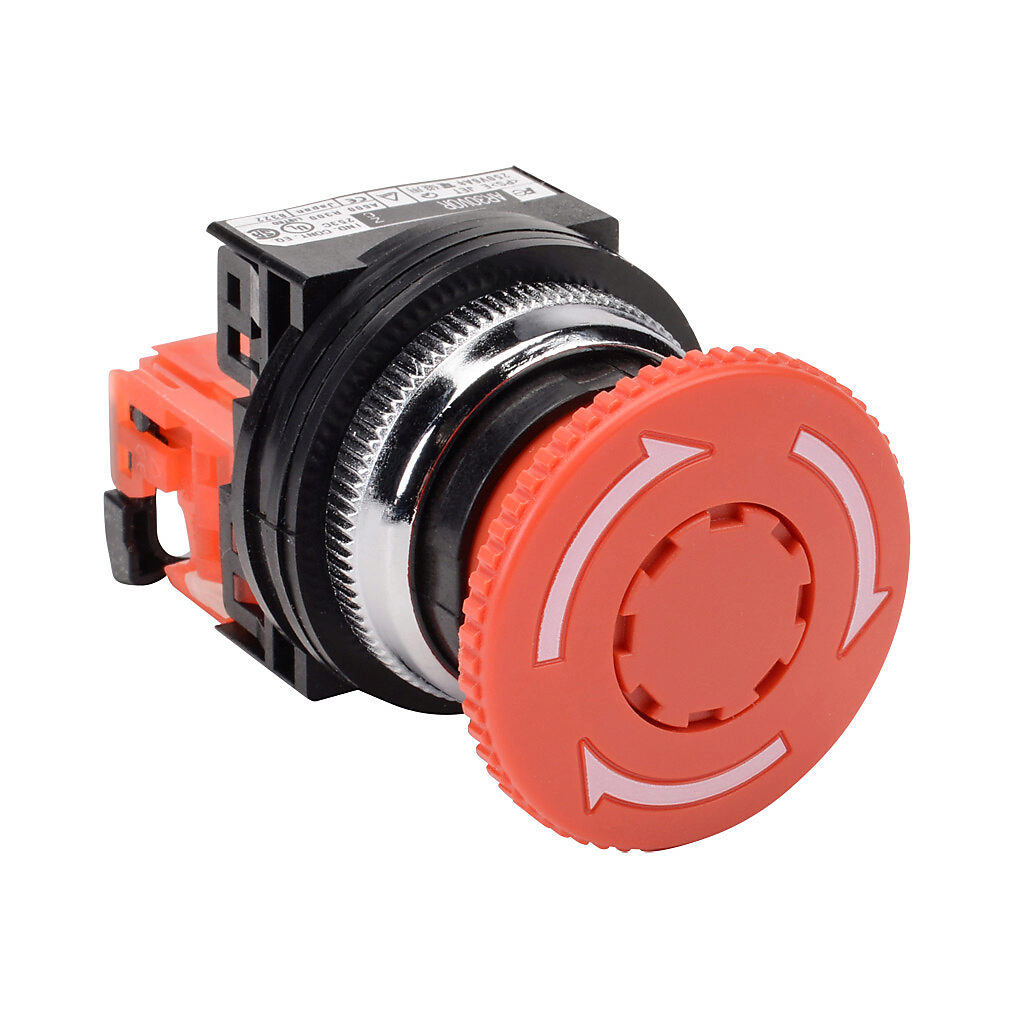 AR30V0R-01RZC - Fuji Electric emergency stop pushbutton, 30mm, twist-to-release, (1) N.C. contact(s), plastic base, metal bezel, Operator: red, mushroom, 40mm, round, plastic.