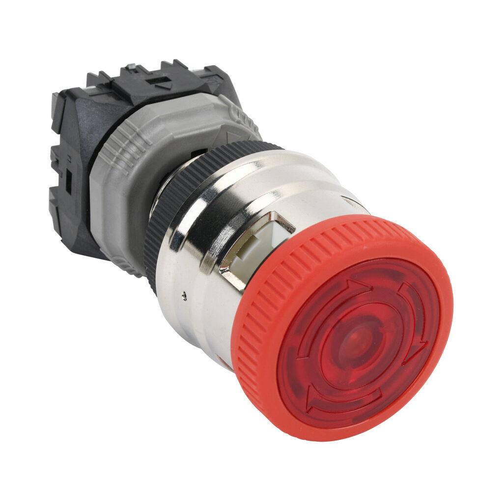AR30VPL-01E3R - Fuji Electric emergency stop pushbutton, IP65, 30mm, push to lock, turn to reset, LED illuminated, (1) N.C. contact(s), plastic base, metal bezel, silver, Operator: red, mushroom, 44mm, mushroom, plastic, 24 VAC/VDC, full voltage.