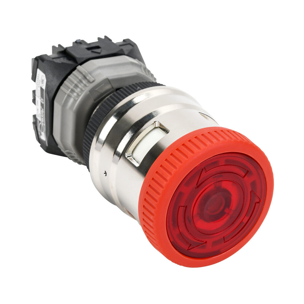 AR30VPL-12EAR - Fuji Electric emergency stop pushbutton, IP65, 30mm, push to lock, turn to reset, interlocked LED illuminated, (1) N.O./(2) N.C. contact(s), plastic base, metal bezel, silver, Operator: red, mushroom, 44mm, mushroom, plastic, 24 VA...