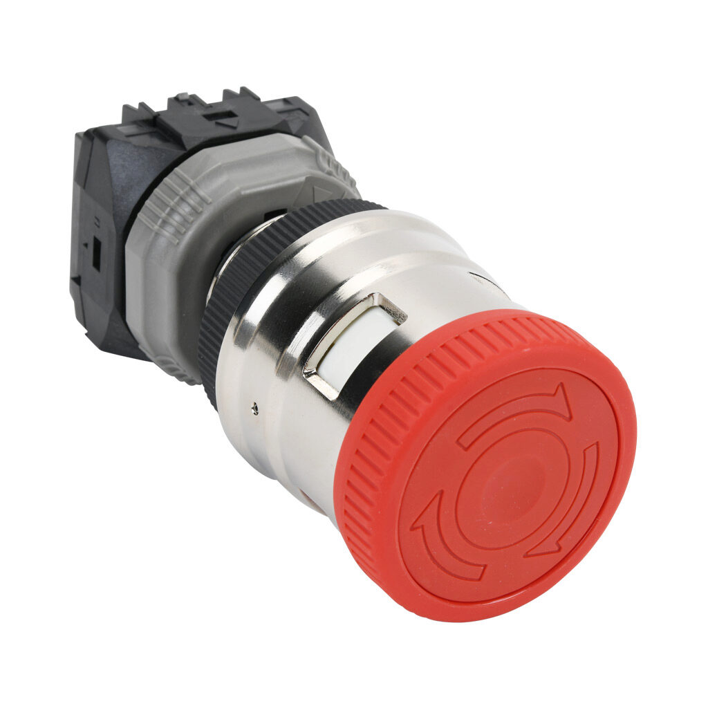 AR30VPR-01R - Fuji Electric emergency stop pushbutton, IP65, 30mm, push to lock, turn to reset, (1) N.C. contact(s), plastic base, metal bezel, silver, Operator: red, mushroom, 44mm, mushroom, plastic.