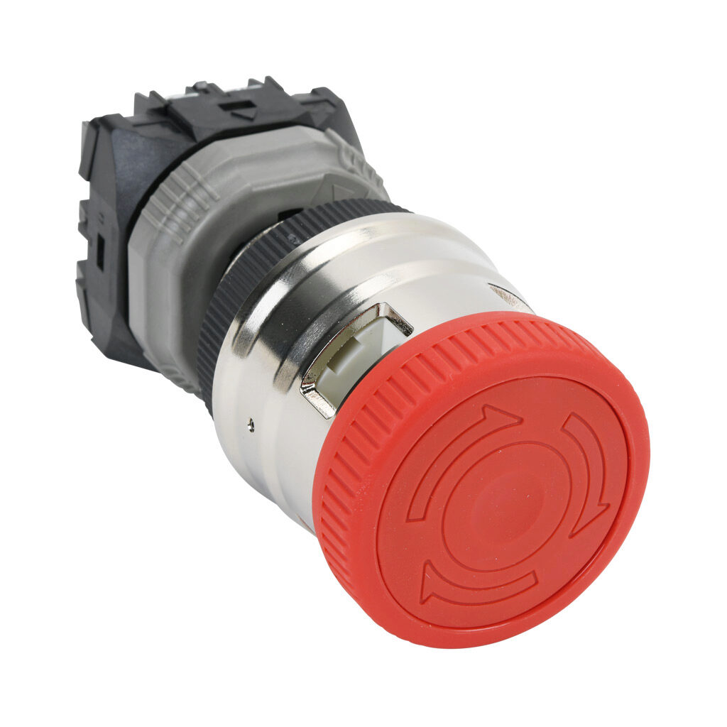AR30VPR-12R - Fuji Electric emergency stop pushbutton, IP65, 30mm, push to lock, turn to reset, (1) N.O./(2) N.C. contact(s), plastic base, metal bezel, silver, Operator: red, mushroom, 44mm, mushroom, plastic.