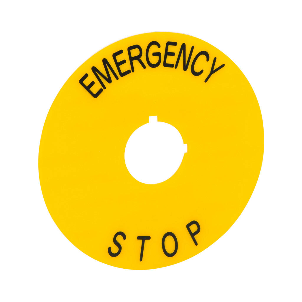 AR6P719-5A - Fuji Electric legend plate, plastic, round, yellow field, yellow background, black engraved text, legend plate marking "EMERGENCY STOP". For use with 16mm pilot devices.