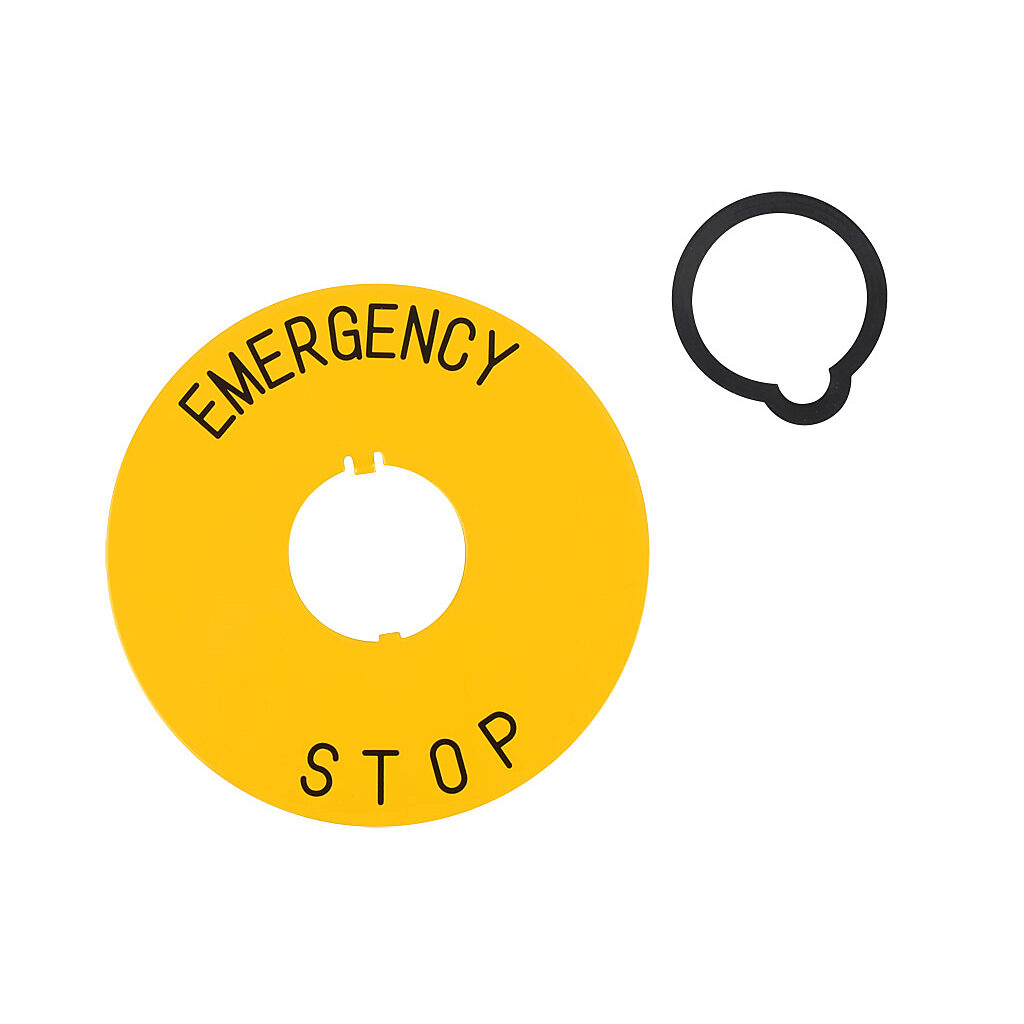 AR9P719-5A - Fuji Electric oversized legend plate, aluminum, round, yellow field, yellow background, black engraved text, legend plate marking "EMERGENCY STOP". For use with 22mm pilot devices.