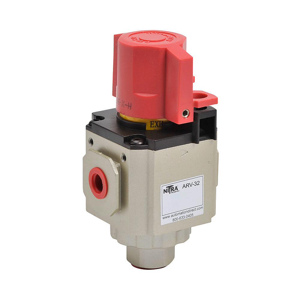 ARV-32 - NITRA shut-off valve, 3-port (3-way), 2-position, twist, N.C., 1/4in female NPT inlet(s), 1/4in female NPT outlet(s), 3/8in female NPT exhaust(s). For use with Ax-32 series air prep components.