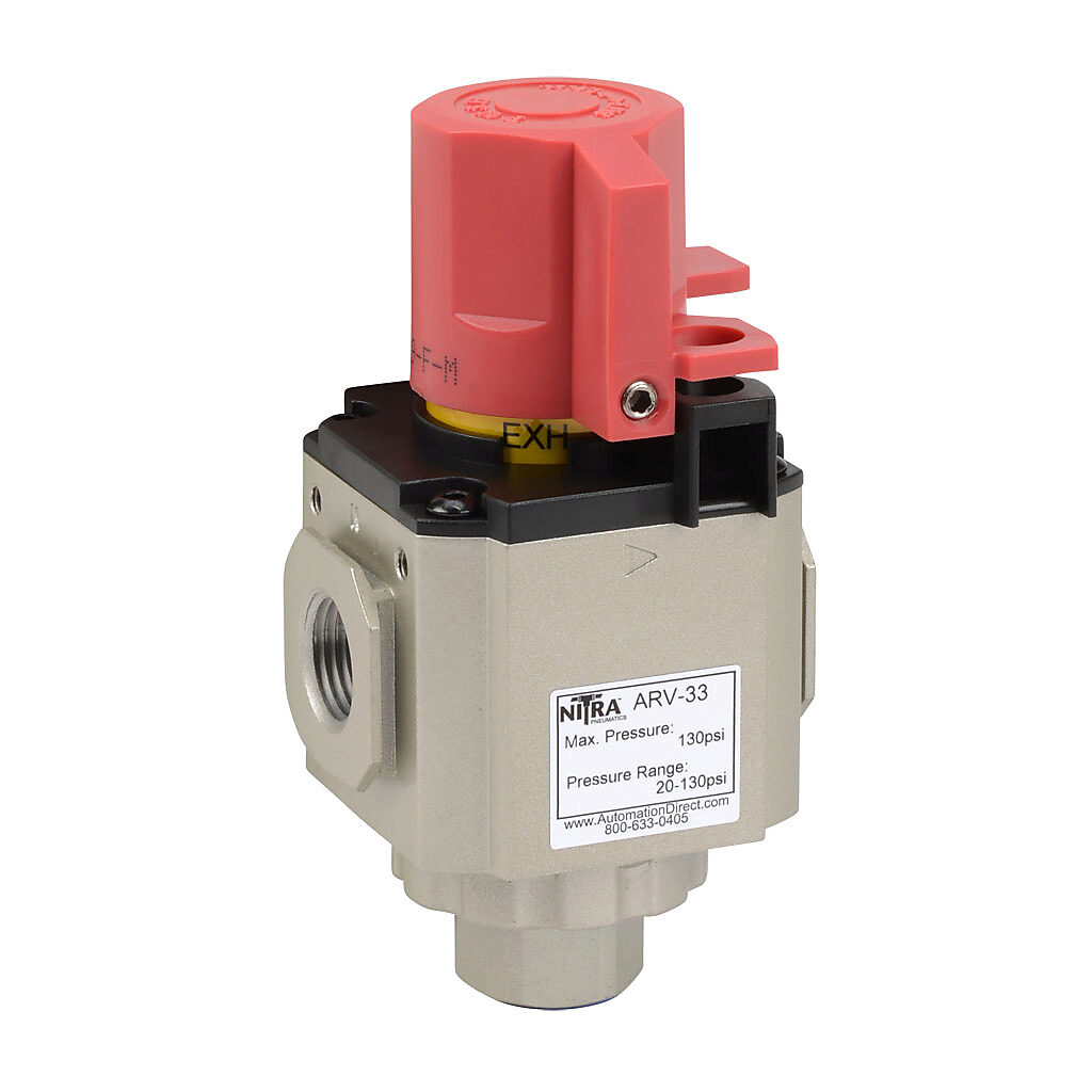 ARV-33 - NITRA shut-off valve, 3-port (3-way), 2-position, twist, N.C., 3/8in female NPT inlet(s), 3/8in female NPT outlet(s), 3/8in female NPT exhaust(s). For use with Ax-33 series air prep components.
