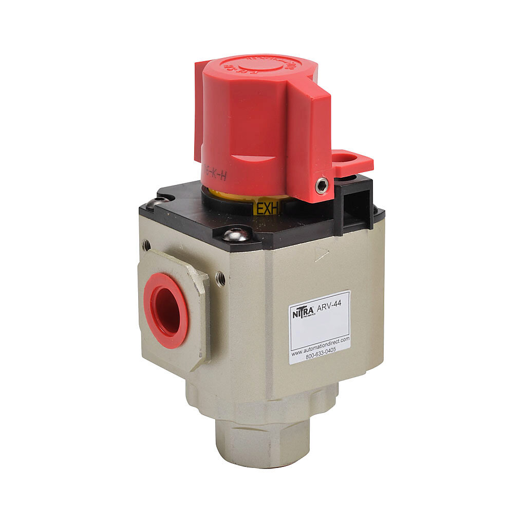 ARV-44 - NITRA shut-off valve, 3-port (3-way), 2-position, twist, N.C., 1/2in female NPT inlet(s), 1/2in female NPT outlet(s), 1/2in female NPT exhaust(s). For use with Ax-44 series air prep components.