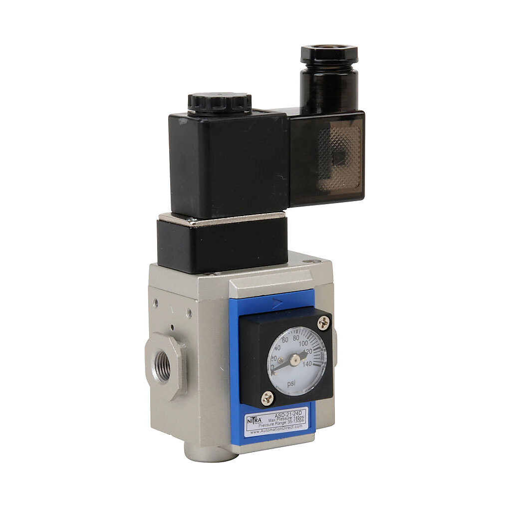 ASD-21-24D - NITRA soft start valve, 3-port (3-way), 2-position, single solenoid spring return, N.C., 1/8in female NPT inlet(s), 1/8in female NPT outlet(s), 1/4in female NPT exhaust(s), Cv=7, 24 VDC operating voltage. For use with Ax-21 series air...