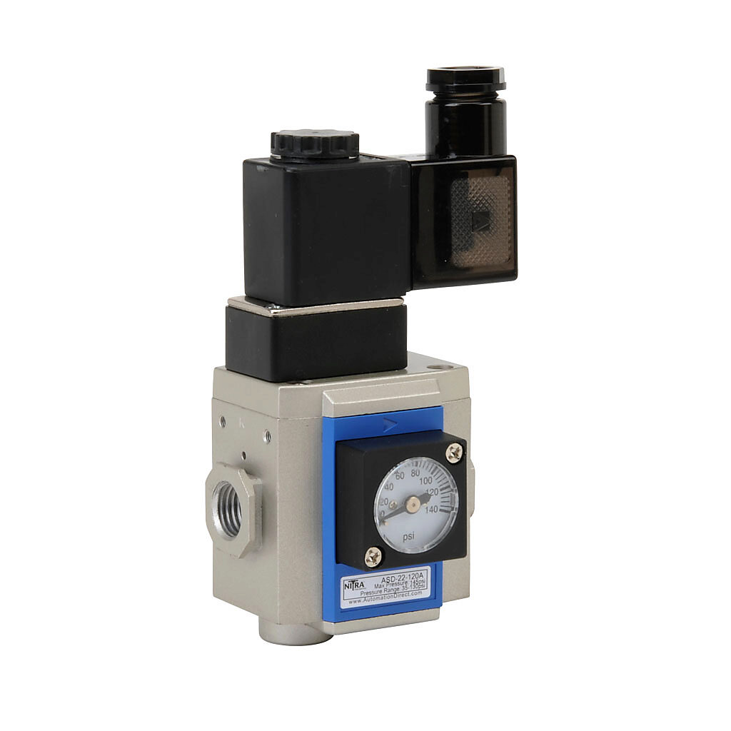 ASD-22-120A - NITRA soft start valve, 3-port (3-way), 2-position, single solenoid spring return, N.C., 1/4in female NPT inlet(s), 1/4in female NPT outlet(s), 1/4in female NPT exhaust(s), Cv=7.5, 120 VAC operating voltage. For use with Ax-22 series...