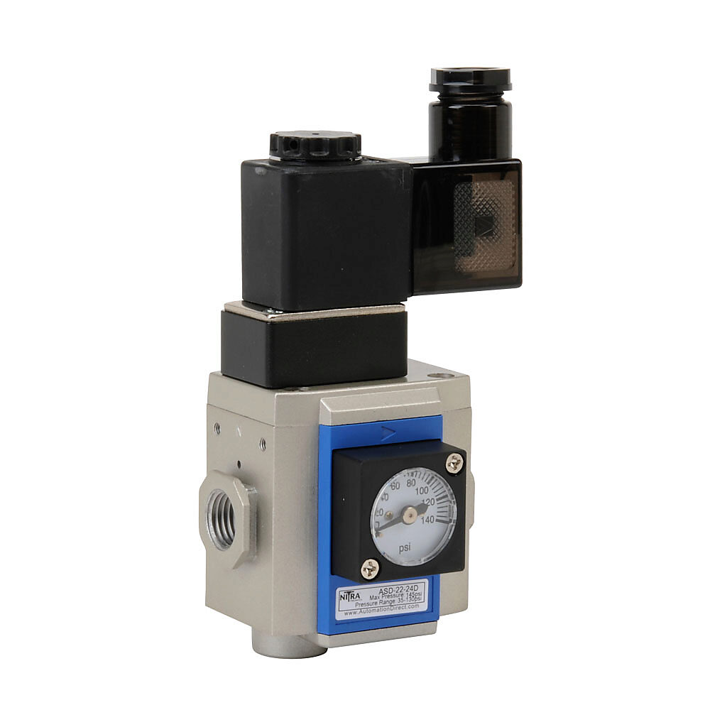 ASD-22-24D - NITRA soft start valve, 3-port (3-way), 2-position, single solenoid spring return, N.C., 1/4in female NPT inlet(s), 1/4in female NPT outlet(s), 1/4in female NPT exhaust(s), Cv=7.5, 24 VDC operating voltage. For use with Ax-22 series a...
