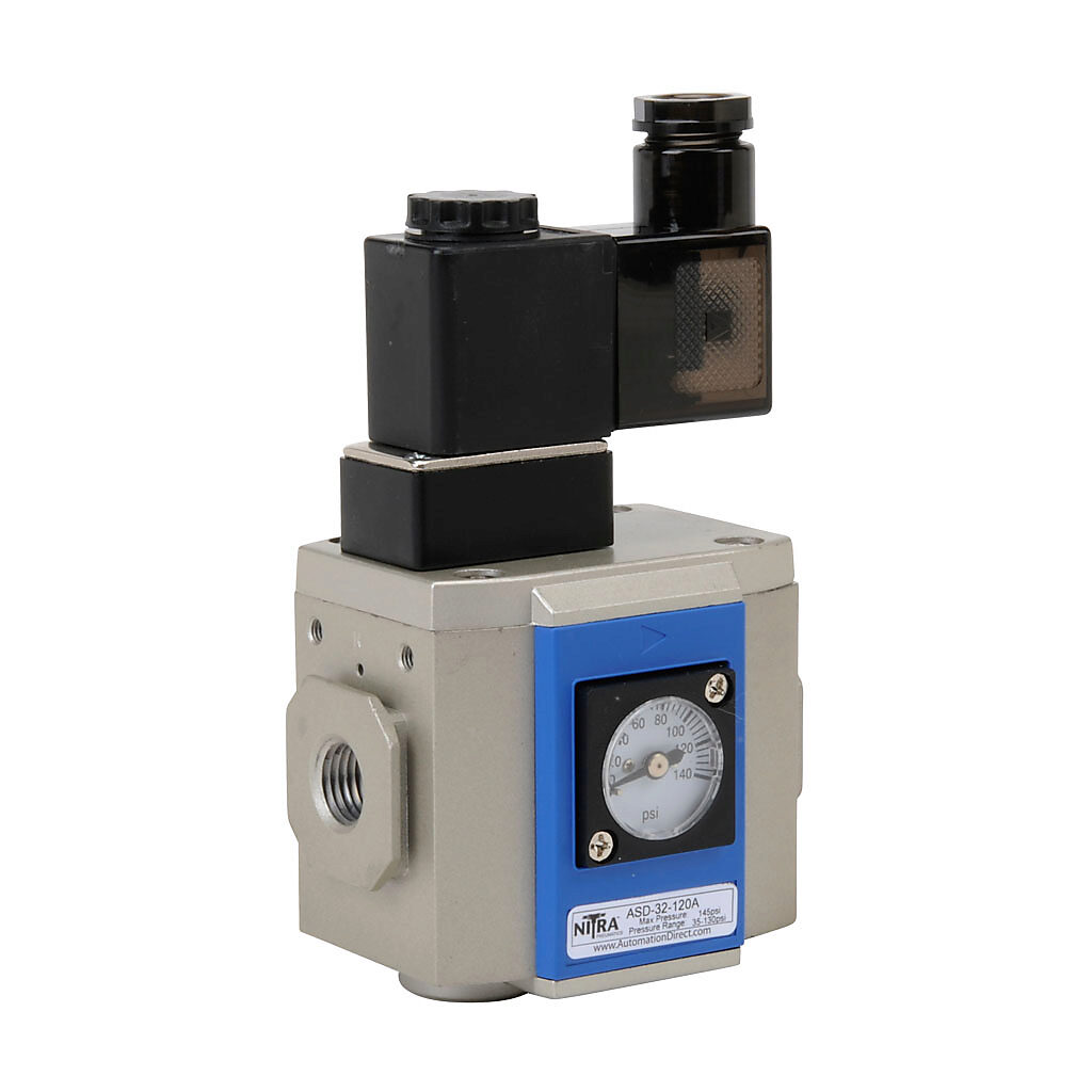 ASD-32-120A - NITRA soft start valve, 3-port (3-way), 2-position, single solenoid spring return, N.C., 1/4in female NPT inlet(s), 1/4in female NPT outlet(s), 3/8in female NPT exhaust(s), Cv=12, 120 VAC operating voltage. For use with Ax-32 series ...