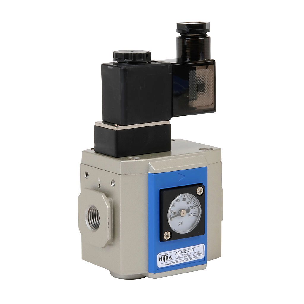 ASD-32-24D - NITRA soft start valve, 3-port (3-way), 2-position, single solenoid spring return, N.C., 1/4in female NPT inlet(s), 1/4in female NPT outlet(s), 3/8in female NPT exhaust(s), Cv=12, 24 VDC operating voltage. For use with Ax-32 series ai...