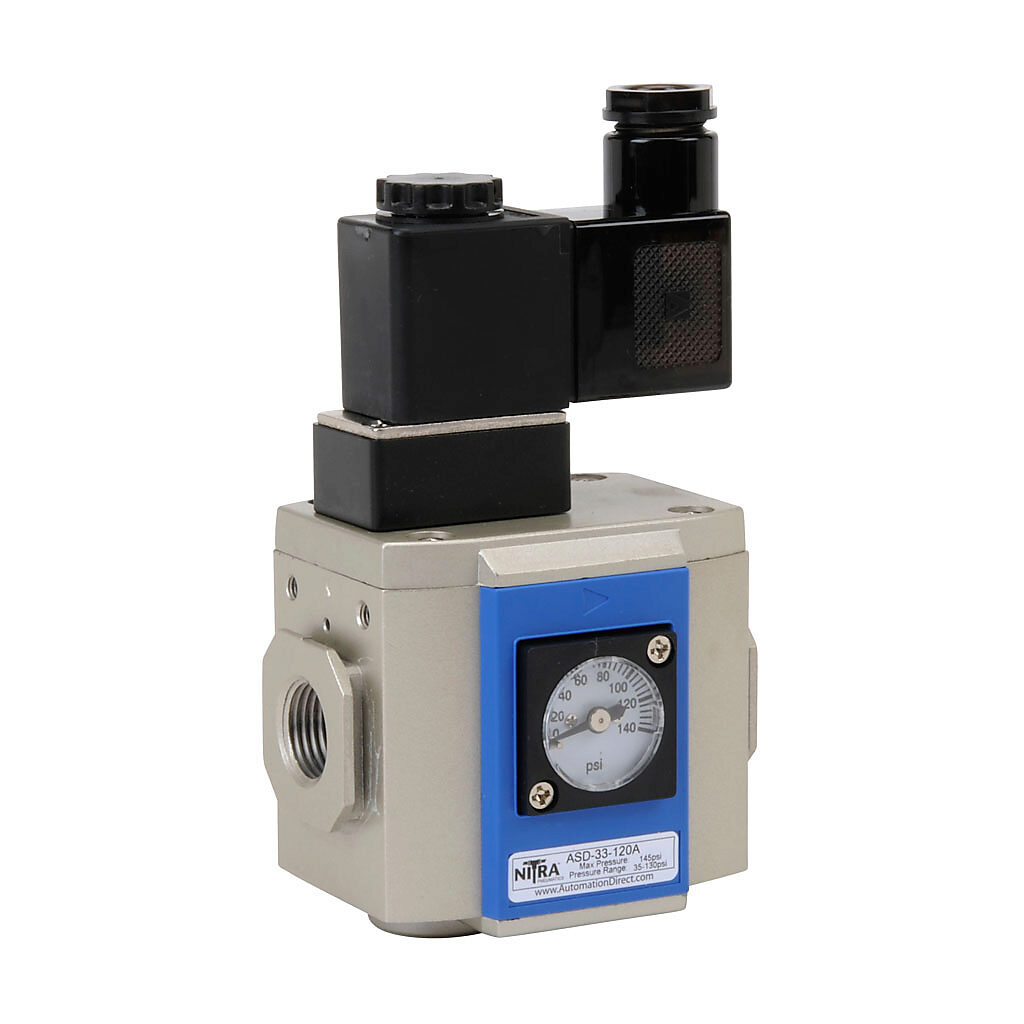ASD-33-120A - NITRA soft start valve, 3-port (3-way), 2-position, single solenoid spring return, N.C., 3/8in female NPT inlet(s), 3/8in female NPT outlet(s), 3/8in female NPT exhaust(s), Cv=15, 120 VAC operating voltage. For use with Ax-33 series ...