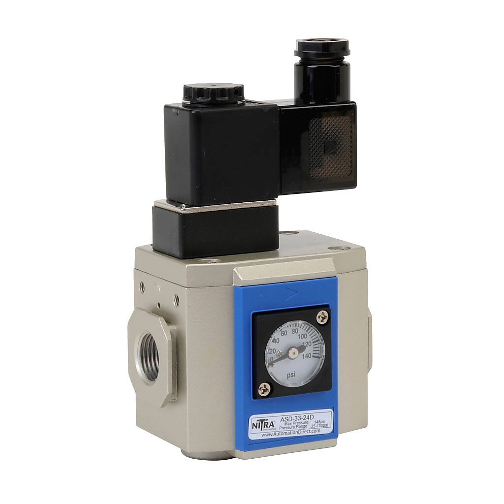 ASD-33-24D - NITRA soft start valve, 3-port (3-way), 2-position, single solenoid spring return, N.C., 3/8in female NPT inlet(s), 3/8in female NPT outlet(s), 3/8in female NPT exhaust(s), Cv=15, 24 VDC operating voltage. For use with Ax-33 series ai...