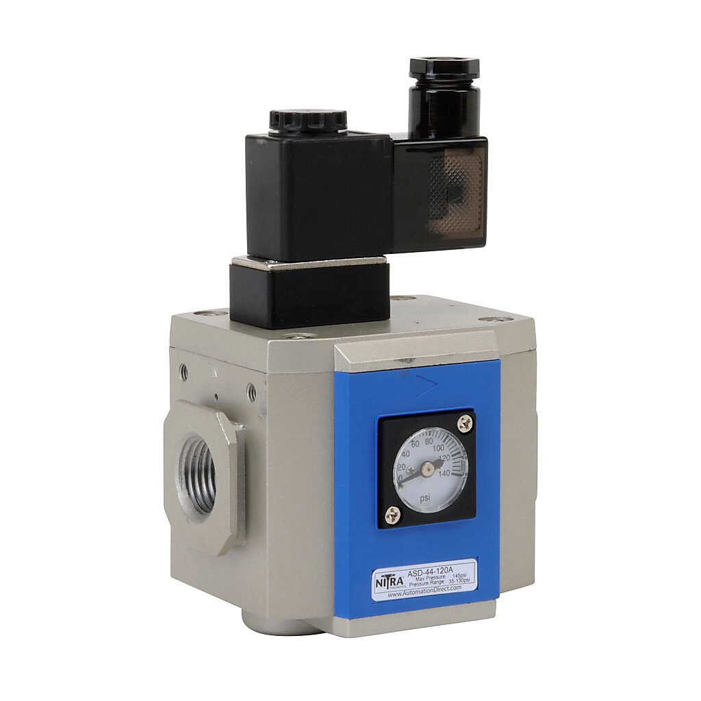 ASD-44-120A - NITRA soft start valve, 3-port (3-way), 2-position, single solenoid spring return, N.C., 1/2in female NPT inlet(s), 1/2in female NPT outlet(s), 1/2in female NPT exhaust(s), Cv=24, 120 VAC operating voltage. For use with Ax-44 series ...