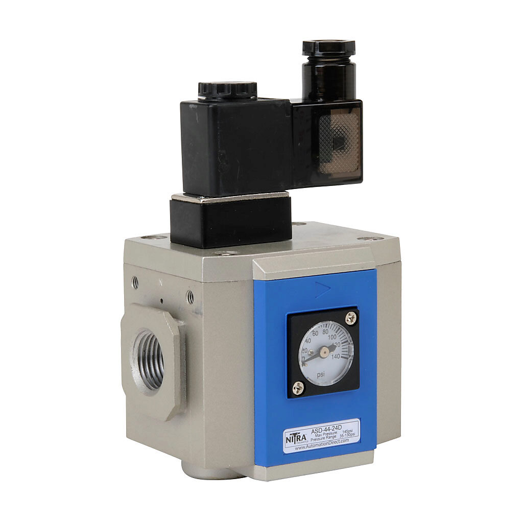 ASD-44-24D - NITRA soft start valve, 3-port (3-way), 2-position, single solenoid spring return, N.C., 1/2in female NPT inlet(s), 1/2in female NPT outlet(s), 1/2in female NPT exhaust(s), Cv=24, 24 VDC operating voltage. For use with Ax-44 series ai...