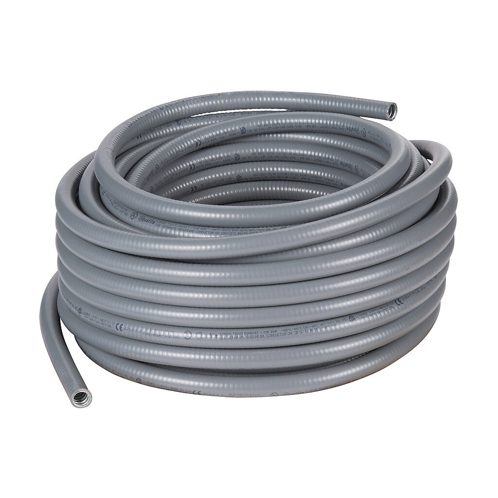 ATLA-11-100 - Electri-Flex Liquatite liquid-tight flexible metallic conduit, hot dipped galvanized steel, PVC jacket, 1/2in trade size, gray, UL-360 Listed, 100ft/30.4m coil length.