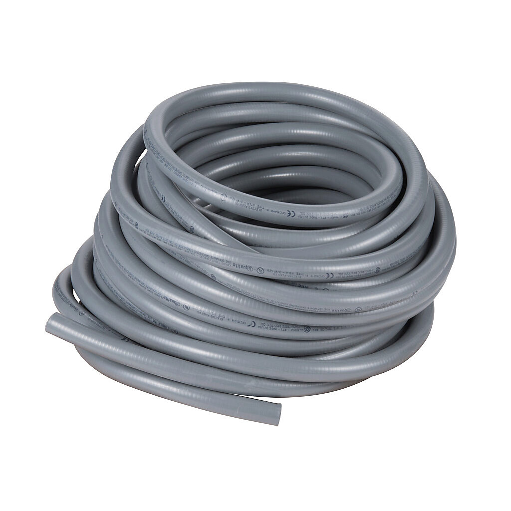 ATLA-12-100 - Electri-Flex Liquatite liquid-tight flexible metallic conduit, hot dipped galvanized steel, PVC jacket, 3/4in trade size, gray, UL-360 Listed, 100ft/30.4m coil length.