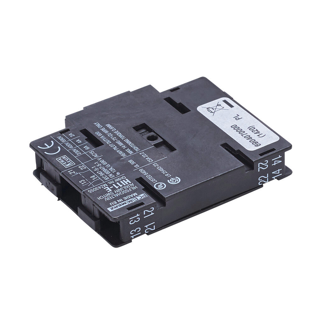 AUX11-E - Merz auxiliary contact, left or right side mount, (1) N.O./(1) N.C. contact(s), 6A @ 120 VAC. For use with Merz ML1, ML2, ML3 door mount switch bodies -H03R(B), -H04R(B).