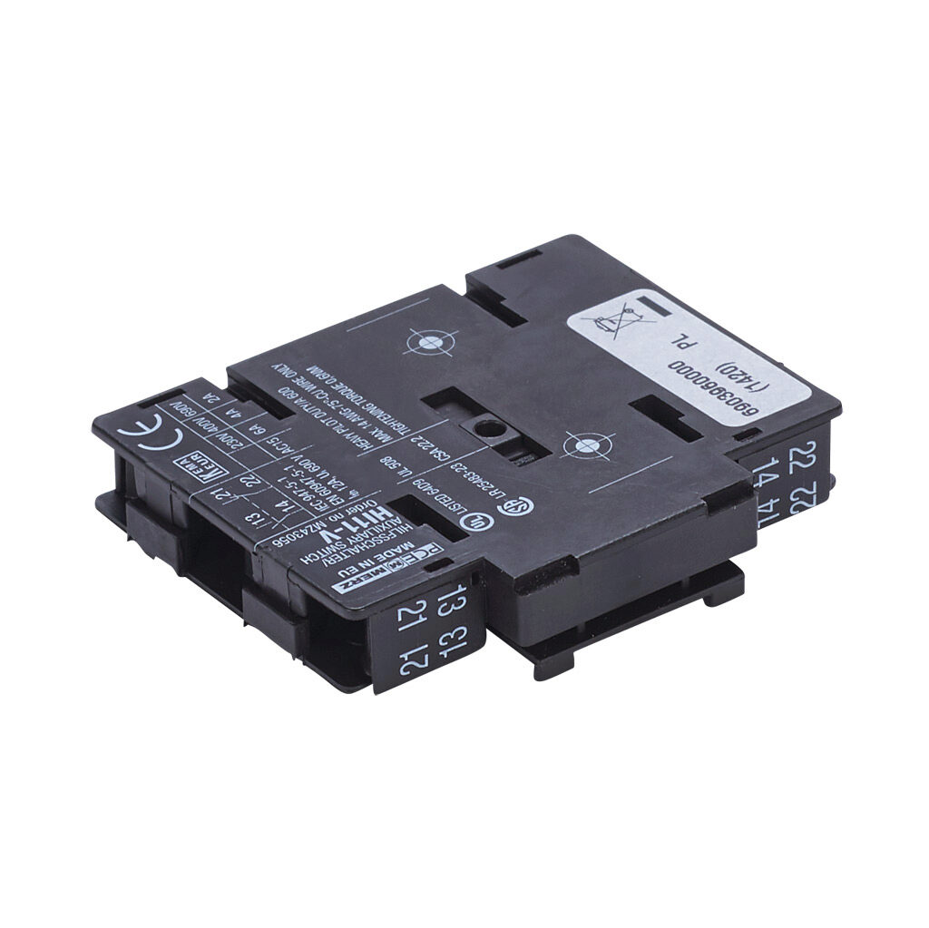 AUX11-V - Merz auxiliary contact, left or right side mount, (1) N.O./(1) N.C. contact(s), 6A @ 120 VAC. For use with Merz ML1, ML2, ML3 Din Rail mount switch bodies -A01, -A02, -E01R, -E02R, -E03R, -E04R, -E05R.