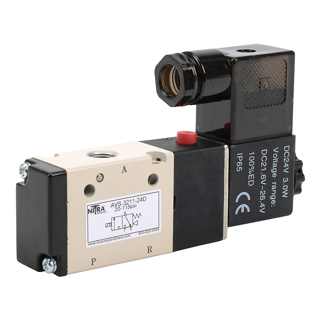 AVS-3211-24D - NITRA pneumatic solenoid valve, 3-port (3-way), 2-position, N.C., single solenoid spring return, (1) 1/8in female NPT inlet(s), (1) 1/8in female NPT outlet(s), (1) 1/8in female NPT exhaust(s), Cv=0.78, 24 VDC, 3.0W, 11mm DIN style w...