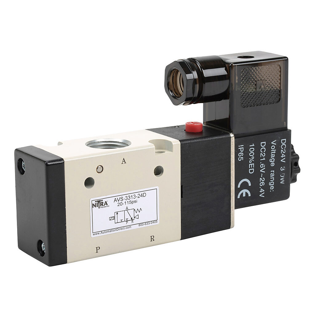 AVS-3313-24D - NITRA pneumatic solenoid valve, 3-port (3-way), 2-position, N.C., single solenoid spring return, (1) 3/8in female NPT inlet(s), (1) 3/8in female NPT outlet(s), (1) 3/8in female NPT exhaust(s), Cv=1.67, 24 VDC, 3.0W, 11mm DIN style w...