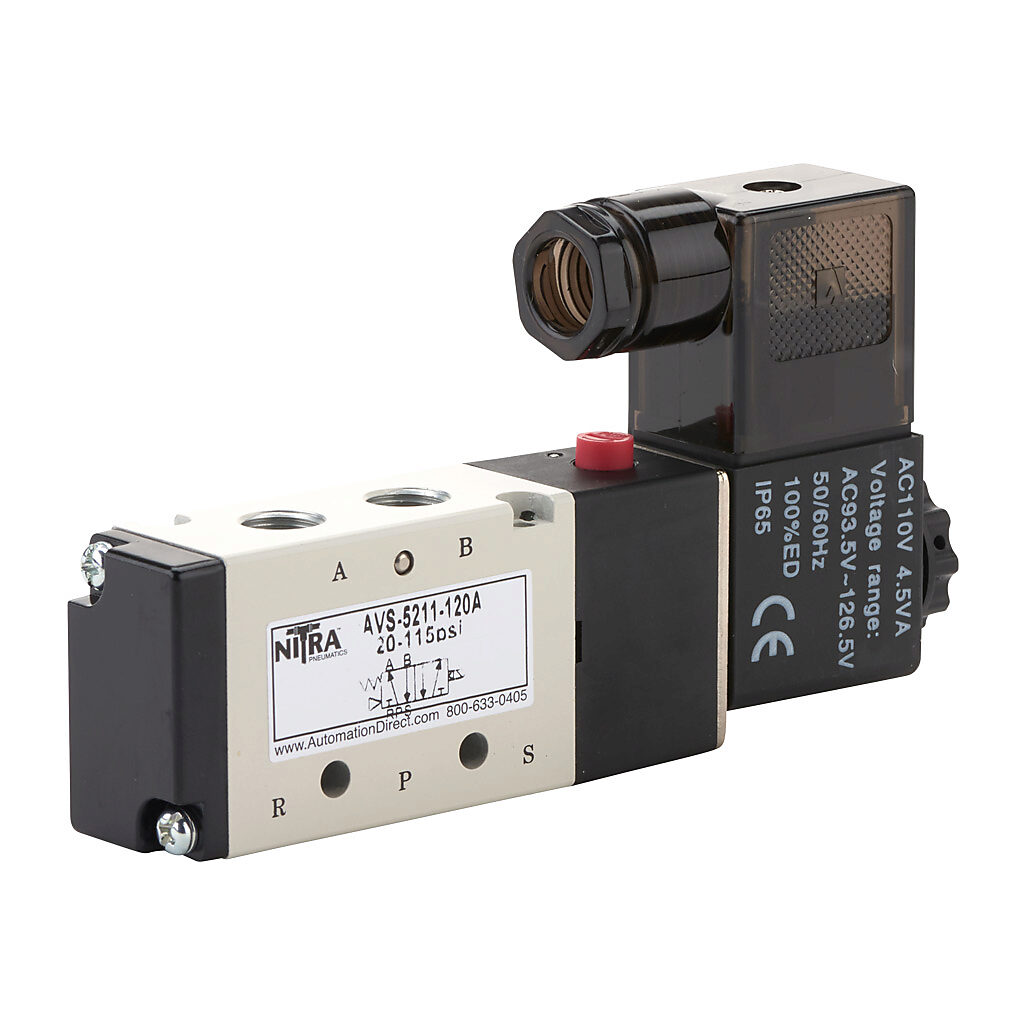 AVS-5211-120A - NITRA pneumatic solenoid valve, 5-port (4-way), 2-position, single solenoid spring return, (1) 1/8in female NPT inlet(s), (2) 1/8in female NPT outlet(s), (2) 1/8in female NPT exhaust(s), Cv=0.78, 120 VAC, 4.5 VA, 11mm DIN style wir...
