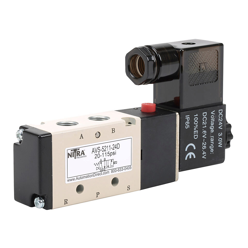 AVS-5211-24D - NITRA pneumatic solenoid valve, 5-port (4-way), 2-position, single solenoid spring return, (1) 1/8in female NPT inlet(s), (2) 1/8in female NPT outlet(s), (2) 1/8in female NPT exhaust(s), Cv=0.78, 24 VDC, 3.0W, 11mm DIN style wiring ...