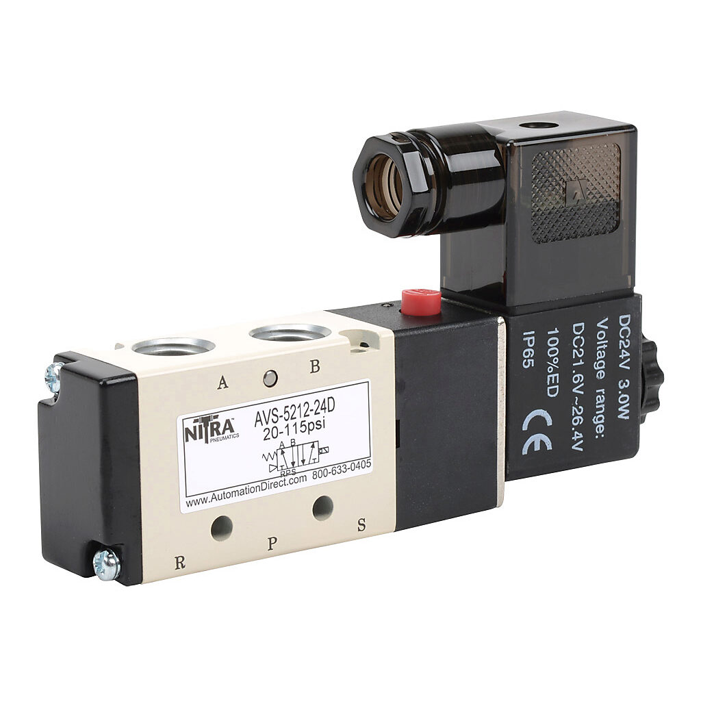 AVS-5212-24D - NITRA pneumatic solenoid valve, 5-port (4-way), 2-position, single solenoid spring return, (1) 1/4in female NPT inlet(s), (2) 1/4in female NPT outlet(s), (2) 1/8in female NPT exhaust(s), Cv=0.89, 24 VDC, 3.0W, 11mm DIN style wiring ...