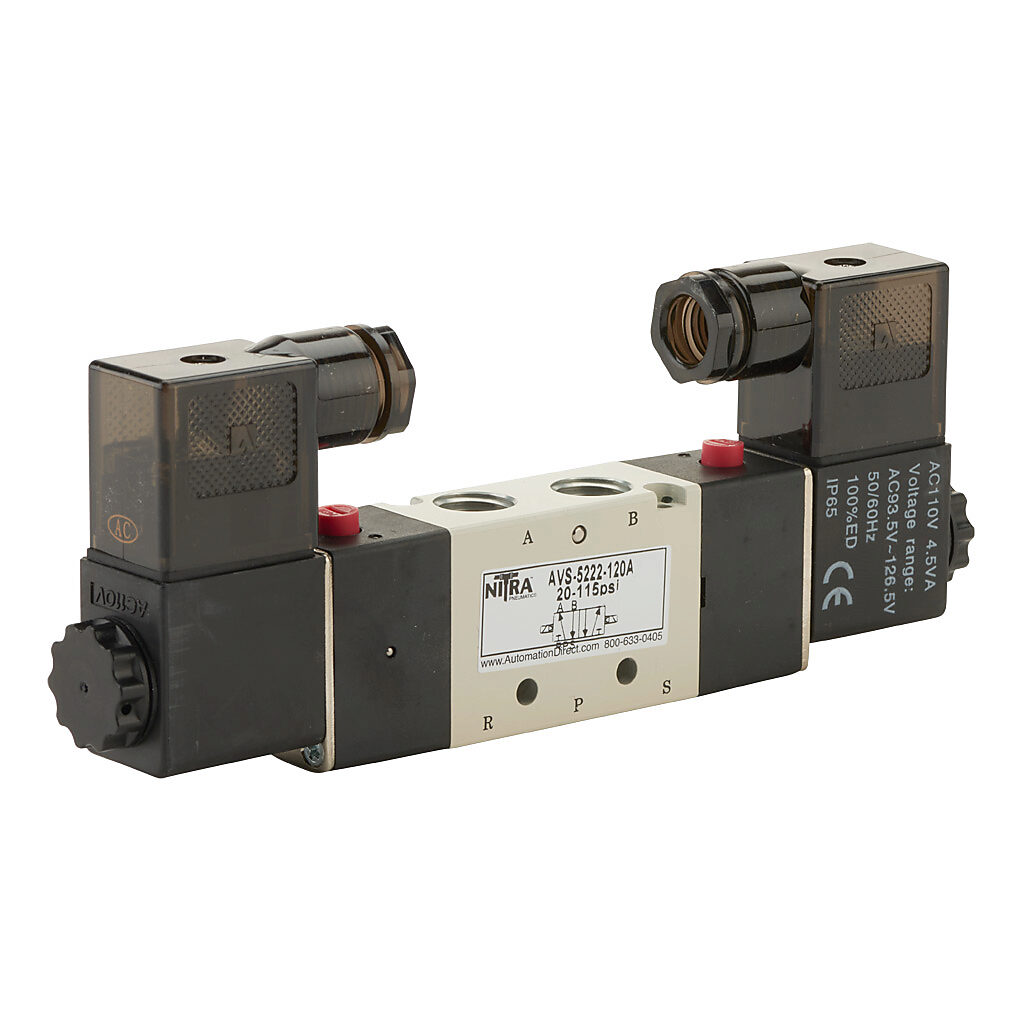 AVS-5222-120A - NITRA pneumatic solenoid valve, 5-port (4-way), 2-position, double solenoid, (1) 1/4in female NPT inlet(s), (2) 1/4in female NPT outlet(s), (2) 1/8in female NPT exhaust(s), Cv=0.89, 120 VAC, 4.5 VA, 11mm DIN style wiring plug.