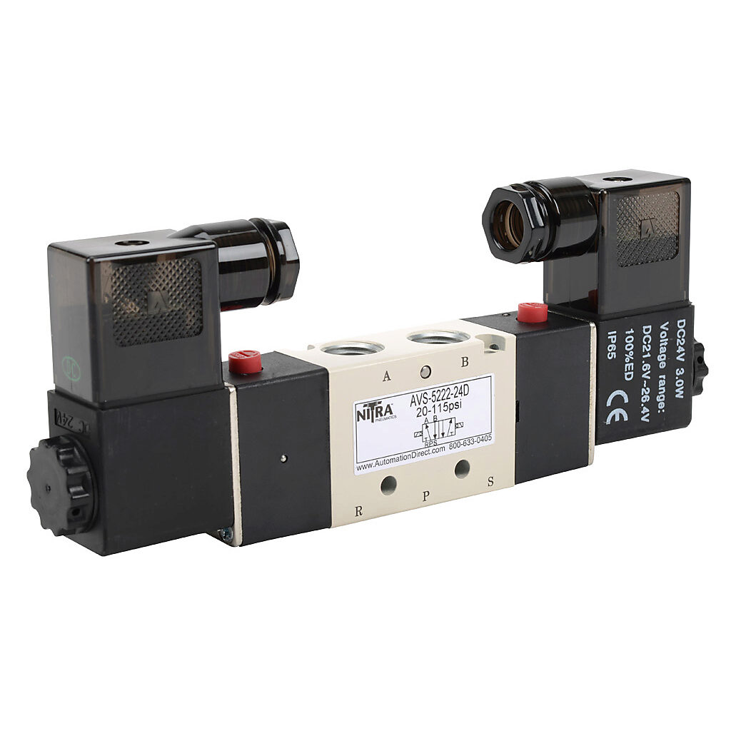AVS-5222-24D - NITRA pneumatic solenoid valve, 5-port (4-way), 2-position, double solenoid, (1) 1/4in female NPT inlet(s), (2) 1/4in female NPT outlet(s), (2) 1/8in female NPT exhaust(s), Cv=0.89, 24 VDC, 3.0W, 11mm DIN style wiring plug.