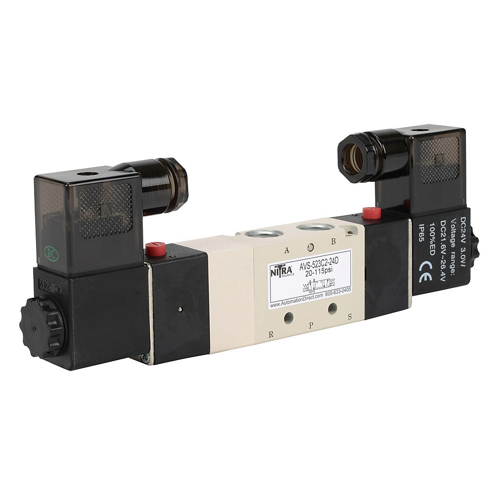 AVS-523C2-24D - NITRA pneumatic solenoid valve, 5-port (4-way), 3-position, center closed, double solenoid, (1) 1/4in female NPT inlet(s), (2) 1/4in female NPT outlet(s), (2) 1/8in female NPT exhaust(s), Cv=0.67, 24 VDC, 3.0W, 11mm DIN style wirin...