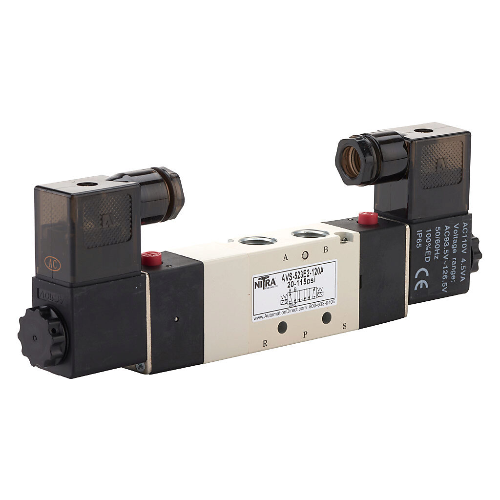 AVS-523E2-120A - NITRA pneumatic solenoid valve, 5-port (4-way), 3-position, center exhaust, double solenoid, (1) 1/4in female NPT inlet(s), (2) 1/4in female NPT outlet(s), (2) 1/8in female NPT exhaust(s), Cv=0.67, 120 VAC, 4.5 VA, 11mm DIN style ...