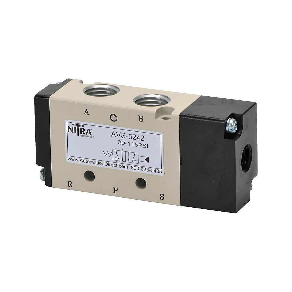 AVS-5242 - NITRA pilot valve, 5-port (4-way), 2-position, single air pilot spring return, (1) 1/4in female NPT inlet(s), (2) 1/4in female NPT outlet(s), (2) 1/8in female NPT exhaust(s), (1) 1/8in female NPT pilot(s), Cv=0.89.