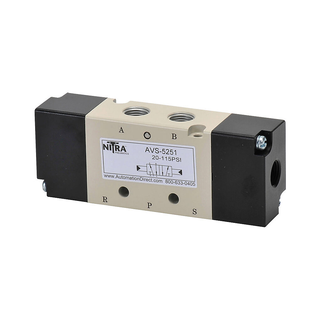 AVS-5251 - NITRA pilot valve, 5-port (4-way), 2-position, double air pilot, (1) 1/8in female NPT inlet(s), (2) 1/8in female NPT outlet(s), (2) 1/8in female NPT exhaust(s), (2) 1/8in female NPT pilot(s), Cv=0.78.
