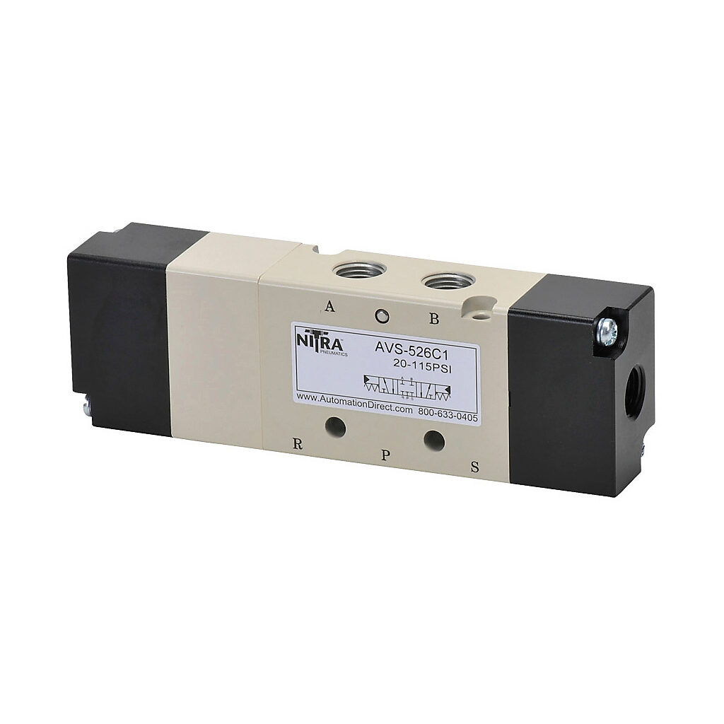 AVS-526C1 - NITRA pilot valve, 5-port (4-way), 3-position, center closed, double air pilot, (1) 1/8in female NPT inlet(s), (2) 1/8in female NPT outlet(s), (2) 1/8in female NPT exhaust(s), (2) 1/8in female NPT pilot(s), Cv=0.67.