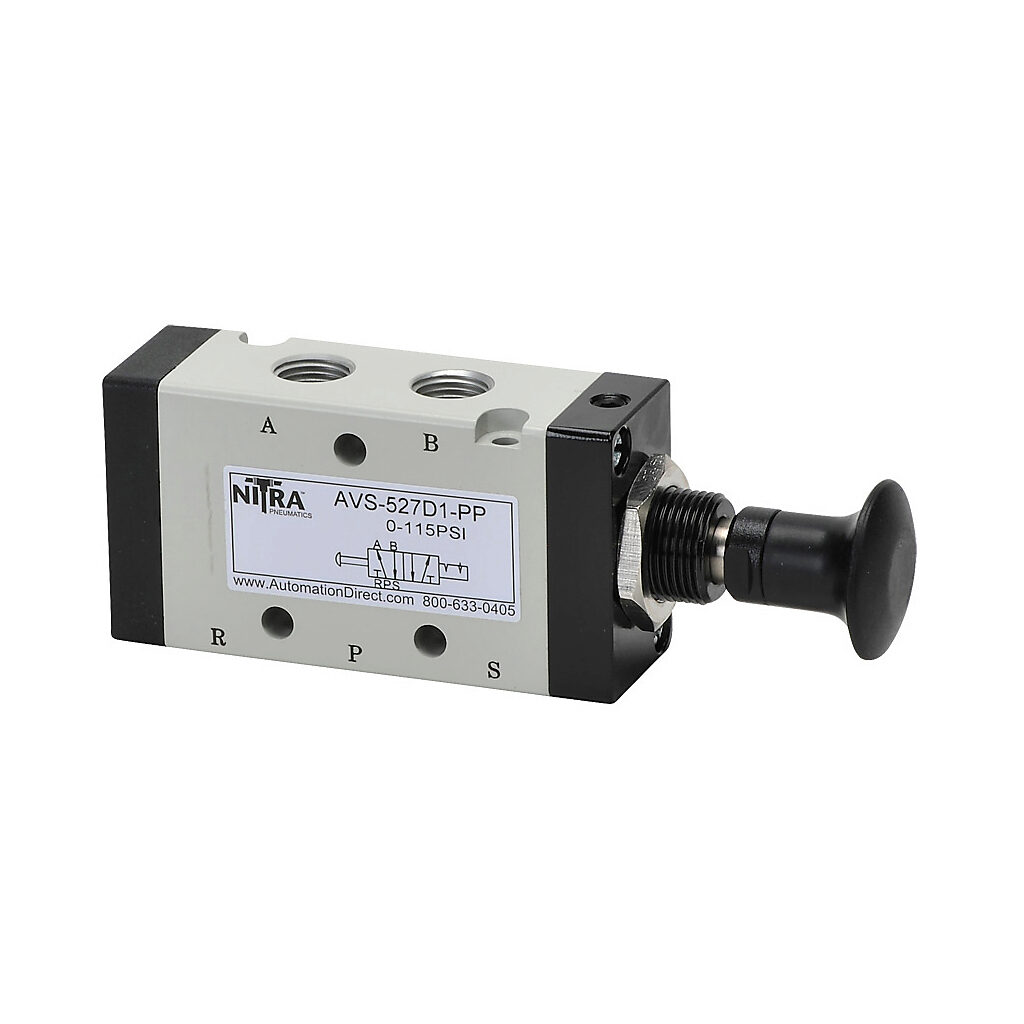 AVS-527D1-PP - NITRA pneumatic manual valve, 5-port (4-way), 2-position, push-pull knob, detented, 1/8in female NPT inlet(s), 1/8in female NPT outlet(s), Cv=0.78, optional manifold mount.