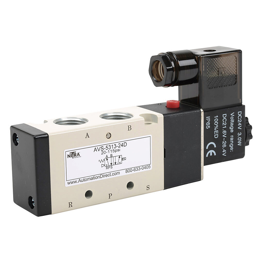 AVS-5313-24D - NITRA pneumatic solenoid valve, 5-port (4-way), 2-position, single solenoid spring return, (1) 3/8in female NPT inlet(s), (2) 3/8in female NPT outlet(s), (2) 1/4in female NPT exhaust(s), Cv=1.68, 24 VDC, 3.0W, 11mm DIN style wiring ...