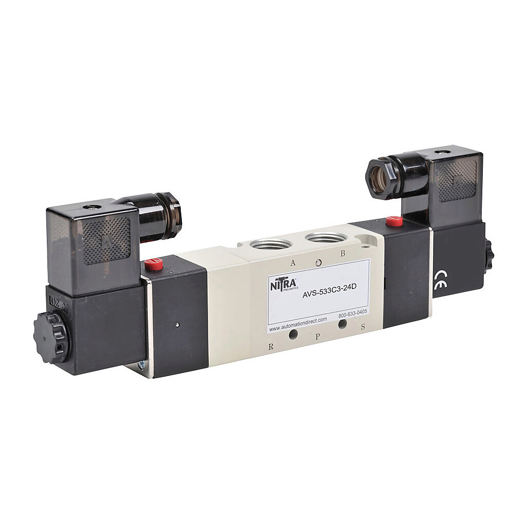 AVS-533C3-24D - NITRA pneumatic solenoid valve, 5-port (4-way), 3-position, center closed, double solenoid, (1) 3/8in female NPT inlet(s), (2) 3/8in female NPT outlet(s), (2) 1/4in female NPT exhaust(s), Cv=1, 24 VDC, 3.0W, 11mm DIN style wiring p...