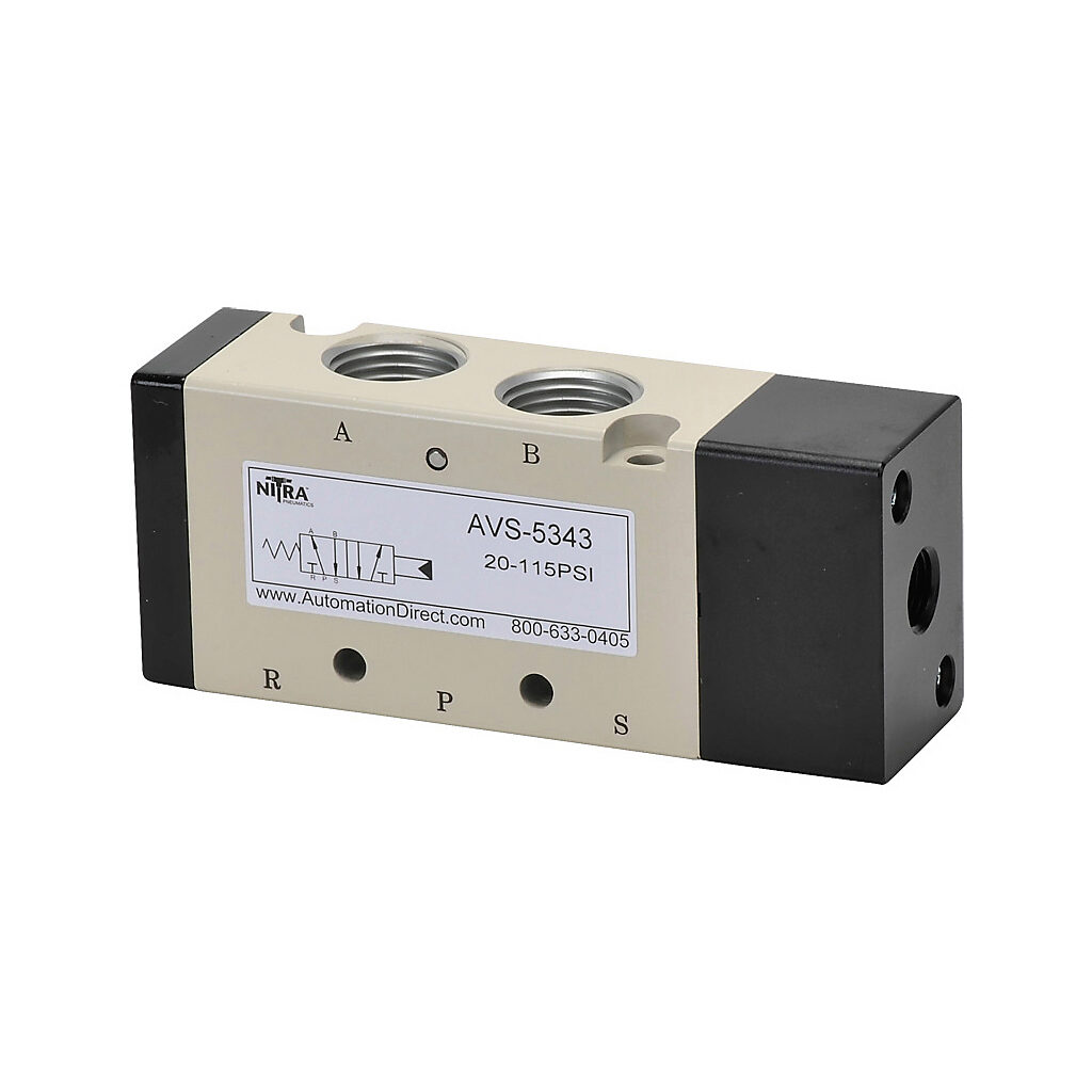 AVS-5343 - NITRA pilot valve, 5-port (4-way), 2-position, single air pilot spring return, (1) 3/8in female NPT inlet(s), (2) 3/8in female NPT outlet(s), (2) 1/4in female NPT exhaust(s), (1) 1/8in female NPT pilot(s), Cv=1.67.