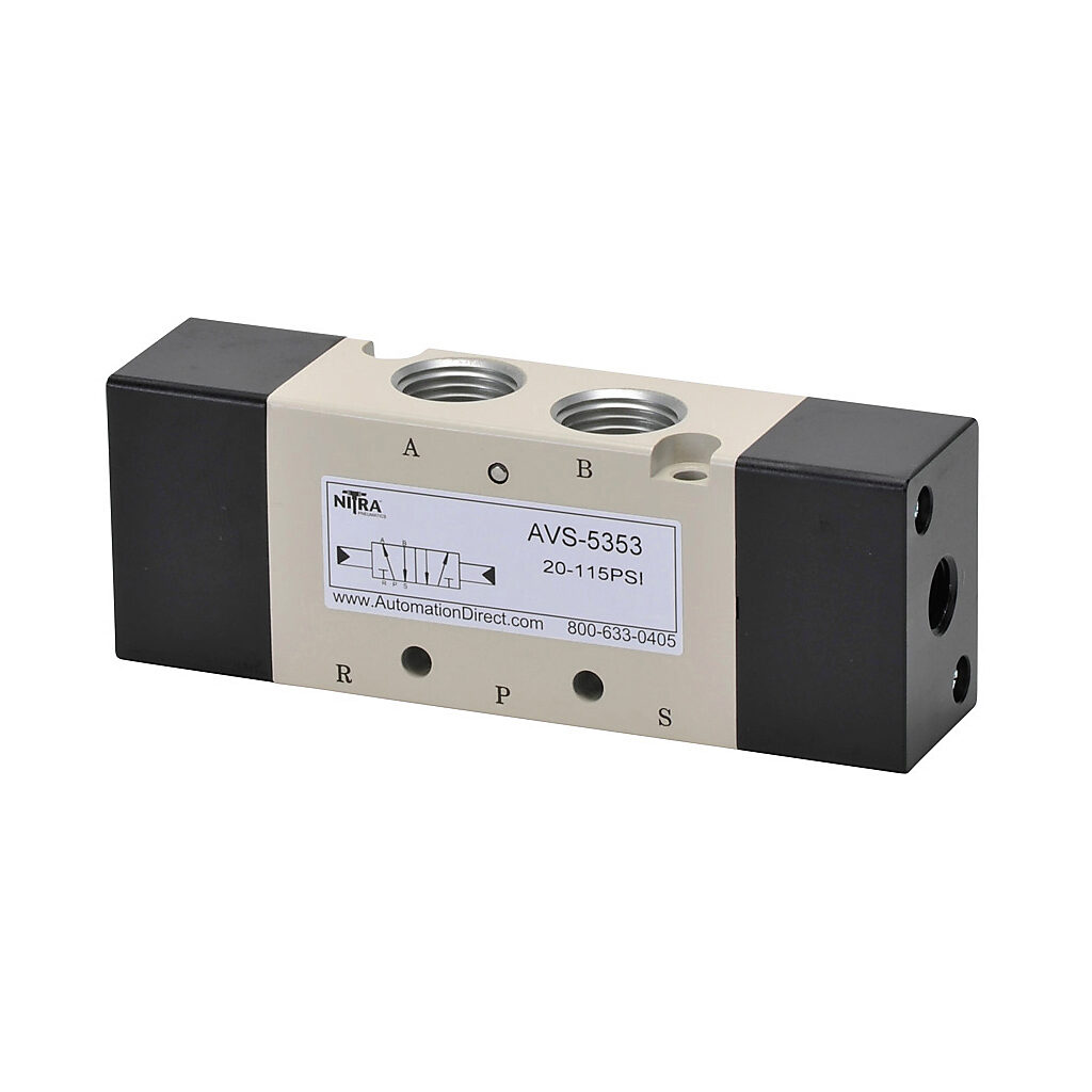 AVS-5353 - NITRA pilot valve, 5-port (4-way), 2-position, double air pilot, (1) 3/8in female NPT inlet(s), (2) 3/8in female NPT outlet(s), (2) 1/4in female NPT exhaust(s), (2) 1/8in female NPT pilot(s), Cv=1.67.