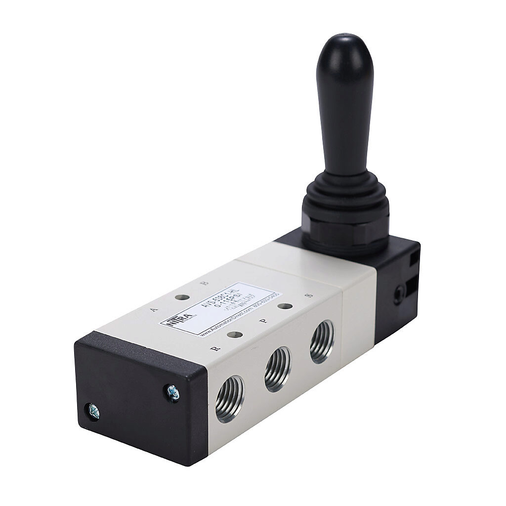 AVS-538C1-HL - NITRA pneumatic manual valve, 5-port (4-way), 3-position, center closed, 90 deg hand lever, spring return, 1/4in female NPT inlet(s), 1/4in female NPT outlet(s), 1/4in female NPT exhaust(s), Cv=1, panel or surface mount.