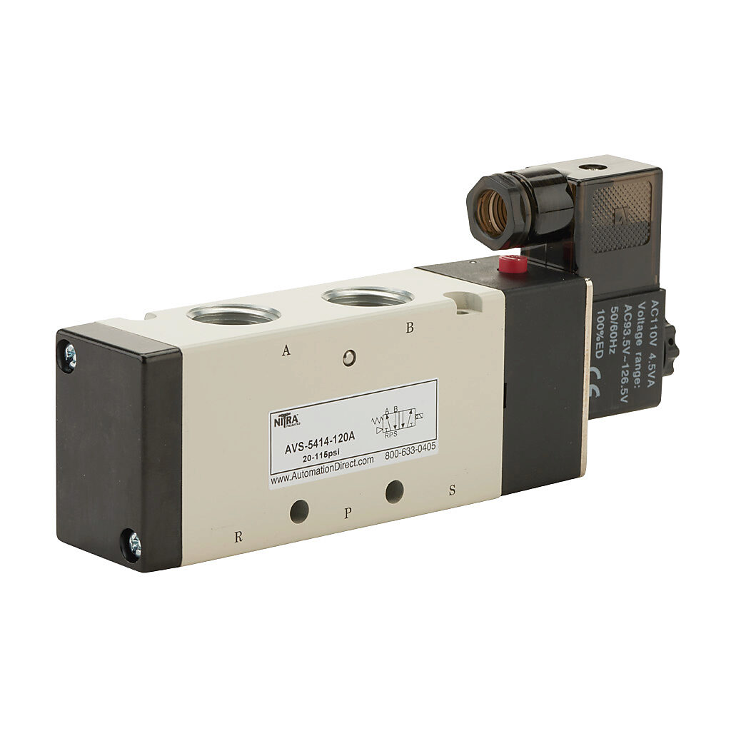 AVS-5414-120A - NITRA pneumatic solenoid valve, 5-port (4-way), 2-position, single solenoid spring return, (1) 1/2in female NPT inlet(s), (2) 1/2in female NPT outlet(s), (2) 1/2in female NPT exhaust(s), Cv=2.79, 120 VAC, 4.5 VA, 11mm DIN style wir...