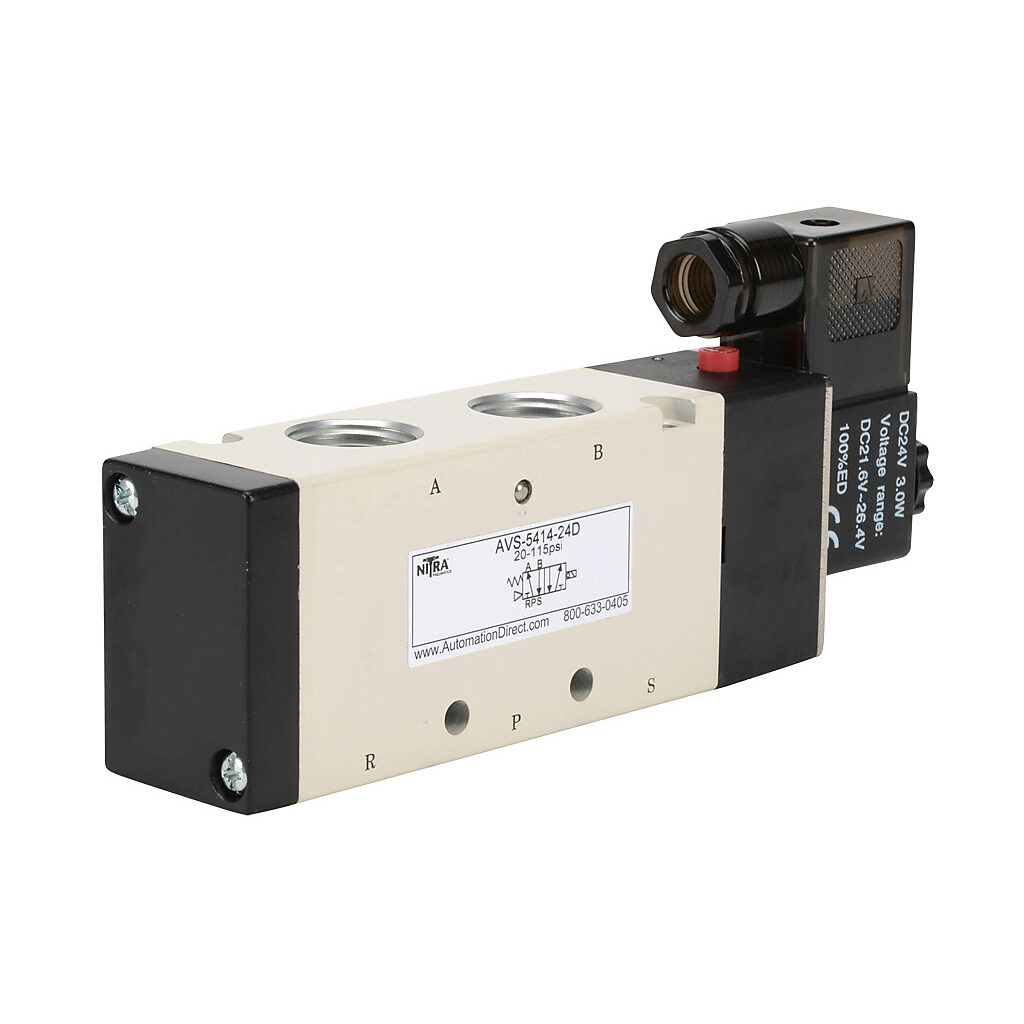 AVS-5414-24D - NITRA pneumatic solenoid valve, 5-port (4-way), 2-position, single solenoid spring return, (1) 1/2in female NPT inlet(s), (2) 1/2in female NPT outlet(s), (2) 1/2in female NPT exhaust(s), Cv=2.79, 24 VDC, 3.0W, 11mm DIN style wiring ...