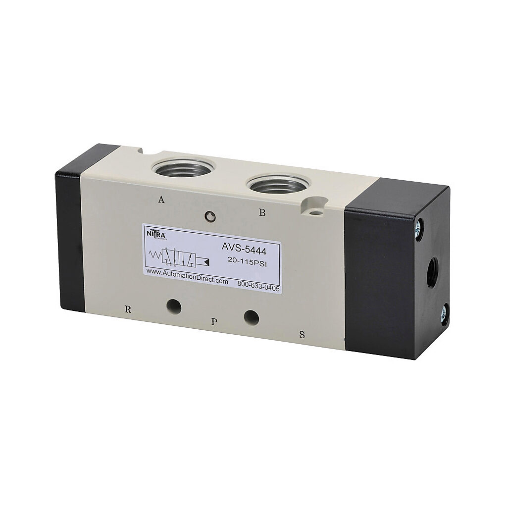 AVS-5444 - NITRA pilot valve, 5-port (4-way), 2-position, single air pilot spring return, (1) 1/2in female NPT inlet(s), (2) 1/2in female NPT outlet(s), (2) 1/2in female NPT exhaust(s), (1) 1/8in female NPT pilot(s), Cv=2.79.