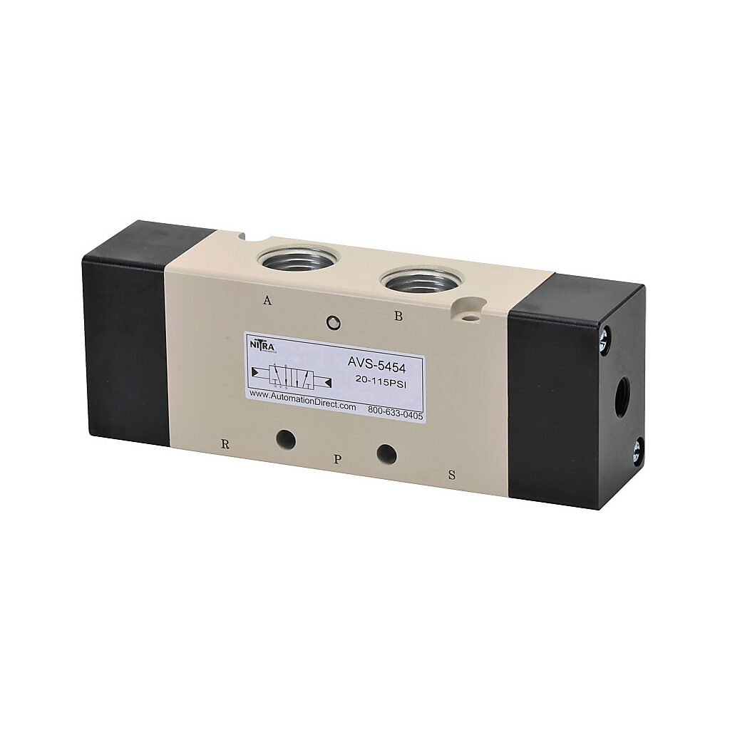 AVS-5454 - NITRA pilot valve, 5-port (4-way), 2-position, double air pilot, (1) 1/2in female NPT inlet(s), (2) 1/2in female NPT outlet(s), (2) 1/2in female NPT exhaust(s), (2) 1/8in female NPT pilot(s), Cv=2.79.