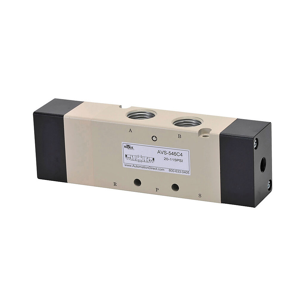 AVS-546C4 - NITRA pilot valve, 5-port (4-way), 3-position, center closed, double air pilot, (1) 1/2in female NPT inlet(s), (2) 1/2in female NPT outlet(s), (2) 1/2in female NPT exhaust(s), (2) 1/8in female NPT pilot(s), Cv=1.68.